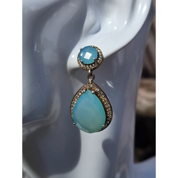 Vintage Pear Blue Chalcedony Fancy Cut, CZ in Sterling, Gold Plated Earrings - Picture 4 of 10